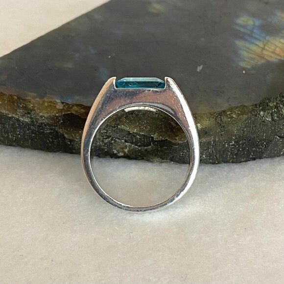 Sterling Silver 925 Horizontal Emerald Cut Blue Topaz Wide Band Ring Sz 7.75 - Picture 6 of 16